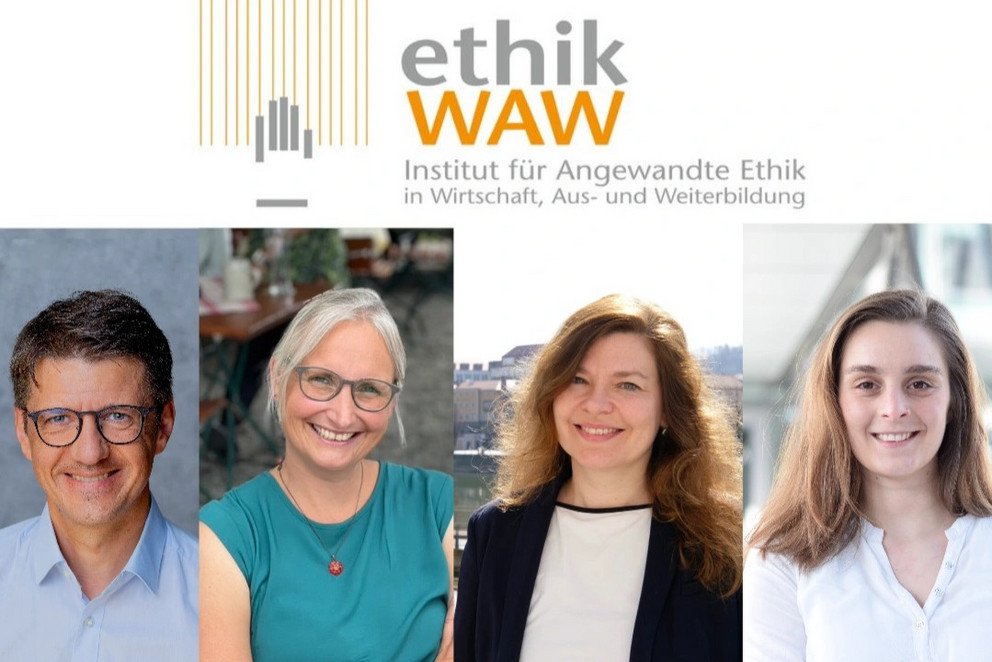 Portraitfotos des Leiters des Instituts Ethik WAW sowie die Geschäftsführung und Mitarbeiterinnen